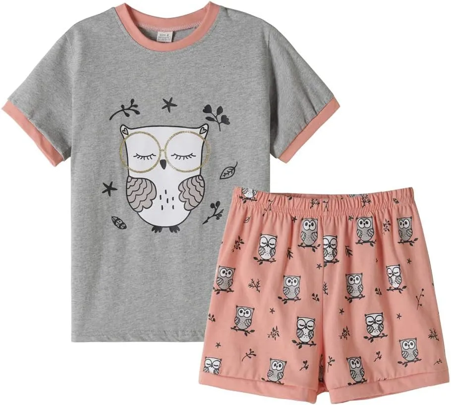MyFav Big Girls Summer Pajama Set Heart Shape Printed Cute Sleepwear Shorts