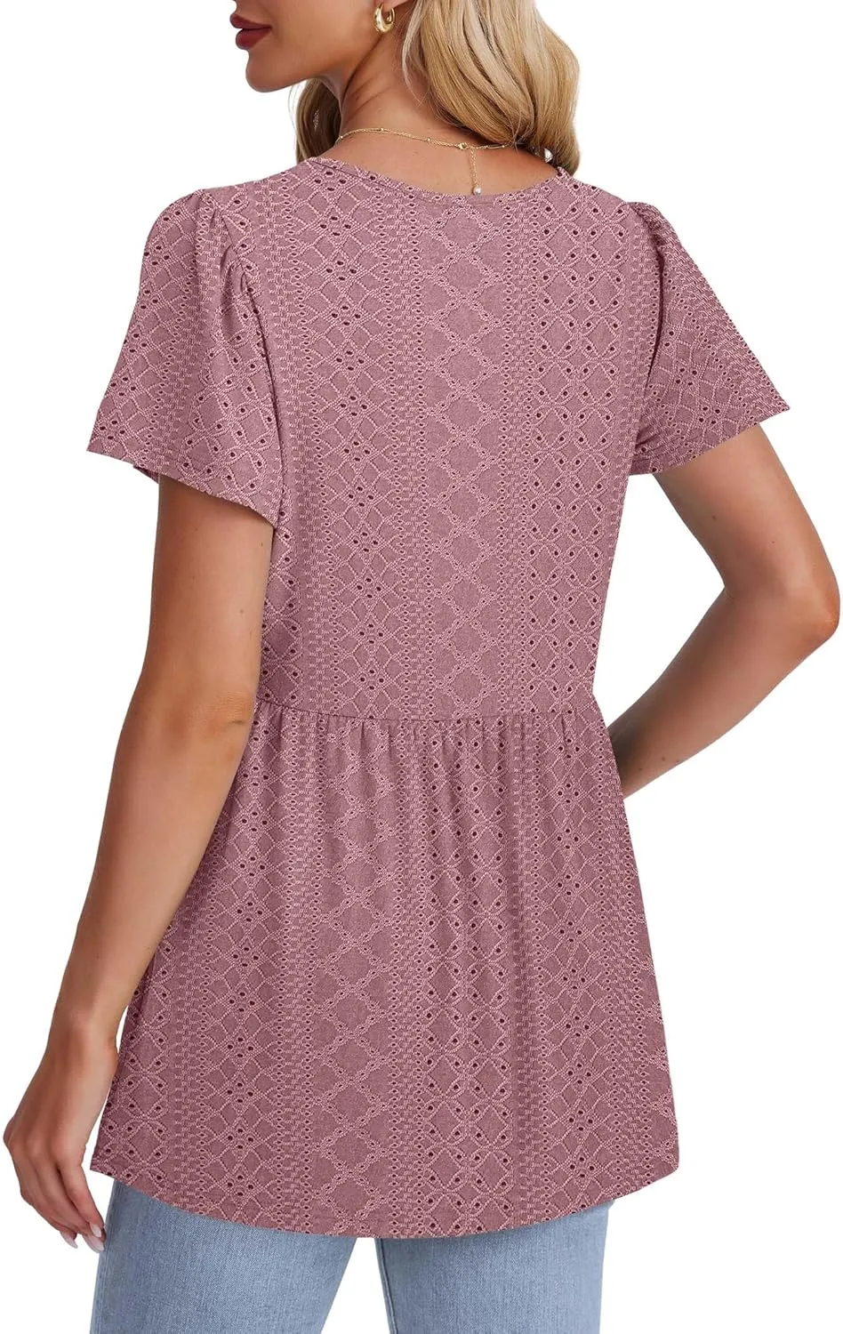 OFEEFAN Womens Summer Tops Babydoll Short Sleeve Shirts Puff Sleeve Peplum Tops V Neck T Shirts