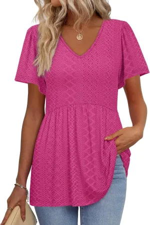OFEEFAN Womens Summer Tops Babydoll Short Sleeve Shirts Puff Sleeve Peplum Tops V Neck T Shirts