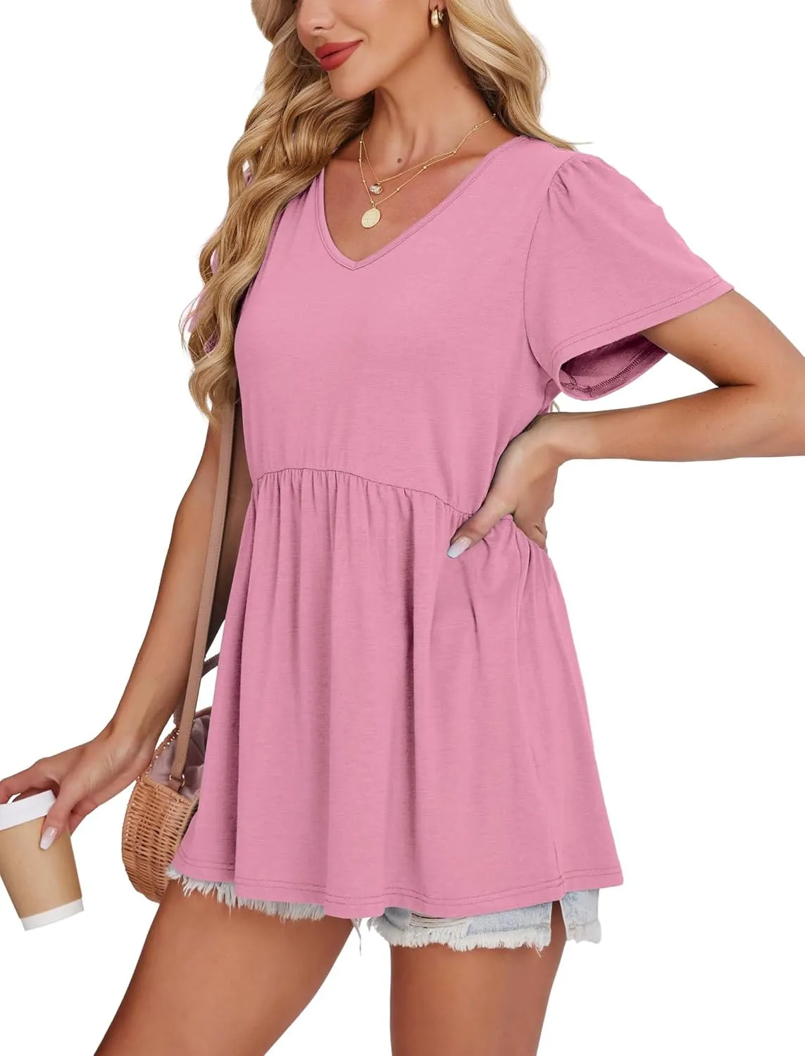 OFEEFAN Womens Summer Tops Babydoll Short Sleeve Shirts Puff Sleeve Peplum Tops V Neck T Shirts