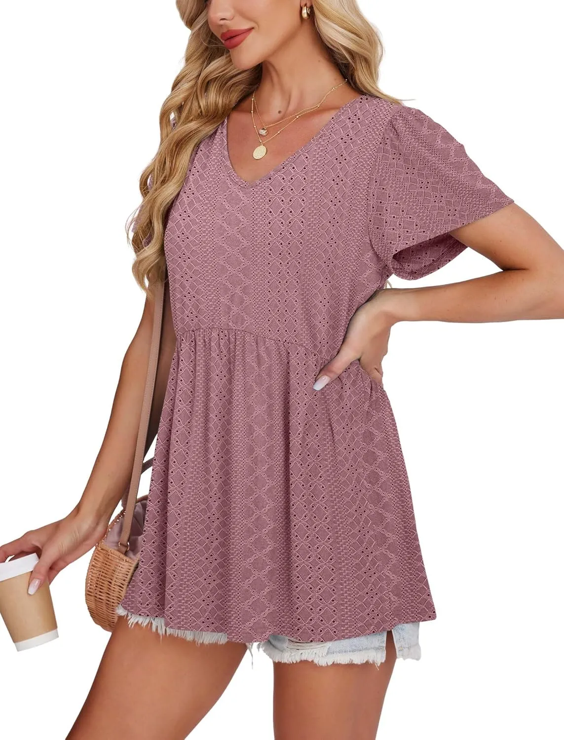 OFEEFAN Womens Summer Tops Babydoll Short Sleeve Shirts Puff Sleeve Peplum Tops V Neck T Shirts