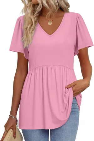OFEEFAN Womens Summer Tops Babydoll Short Sleeve Shirts Puff Sleeve Peplum Tops V Neck T Shirts