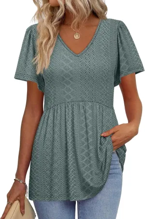 OFEEFAN Womens Summer Tops Babydoll Short Sleeve Shirts Puff Sleeve Peplum Tops V Neck T Shirts