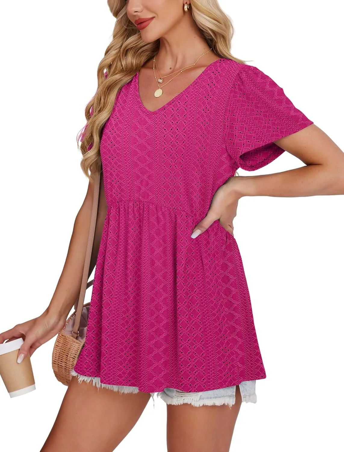 OFEEFAN Womens Summer Tops Babydoll Short Sleeve Shirts Puff Sleeve Peplum Tops V Neck T Shirts