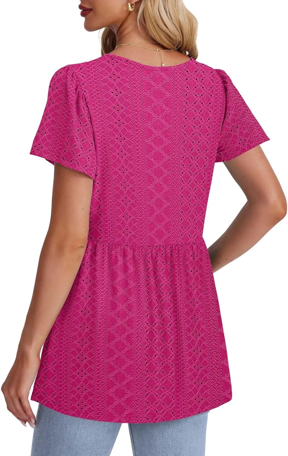 OFEEFAN Womens Summer Tops Babydoll Short Sleeve Shirts Puff Sleeve Peplum Tops V Neck T Shirts