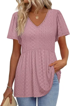 OFEEFAN Womens Summer Tops Babydoll Short Sleeve Shirts Puff Sleeve Peplum Tops V Neck T Shirts