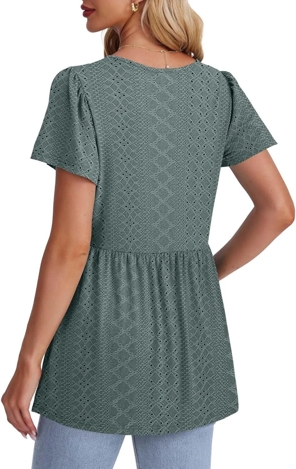 OFEEFAN Womens Summer Tops Babydoll Short Sleeve Shirts Puff Sleeve Peplum Tops V Neck T Shirts