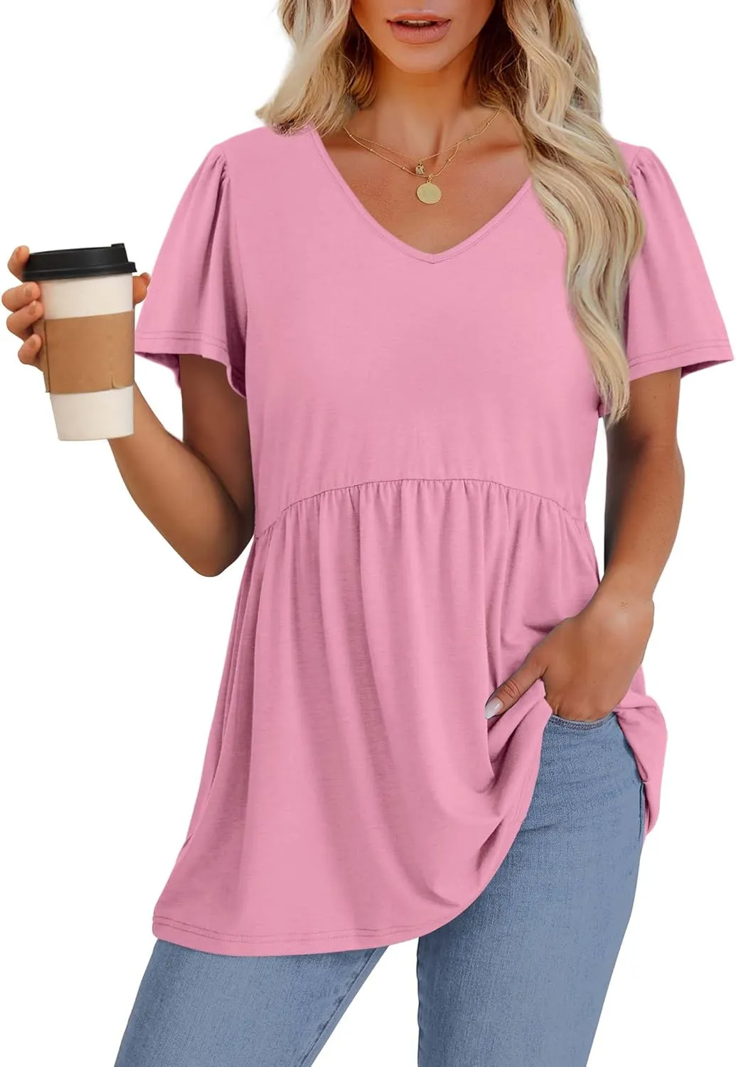 OFEEFAN Womens Summer Tops Babydoll Short Sleeve Shirts Puff Sleeve Peplum Tops V Neck T Shirts