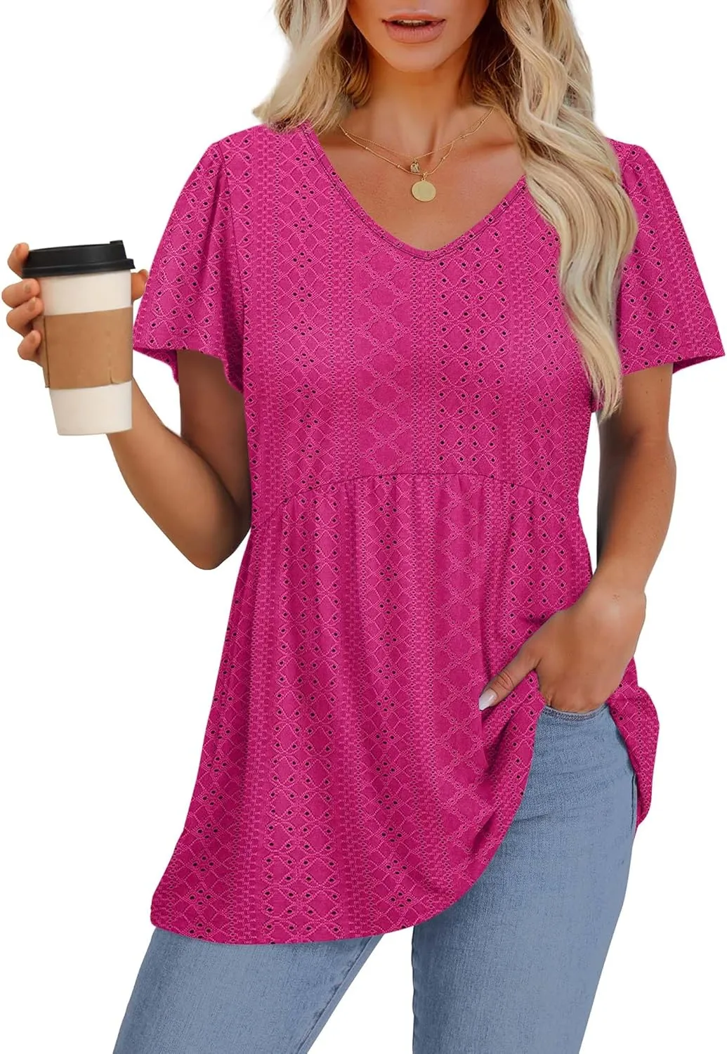 OFEEFAN Womens Summer Tops Babydoll Short Sleeve Shirts Puff Sleeve Peplum Tops V Neck T Shirts