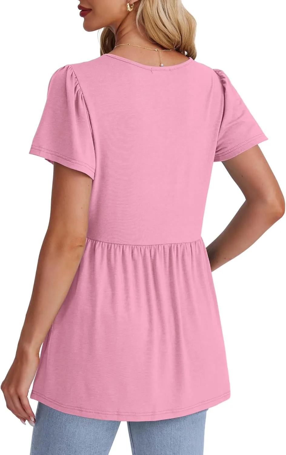 OFEEFAN Womens Summer Tops Babydoll Short Sleeve Shirts Puff Sleeve Peplum Tops V Neck T Shirts