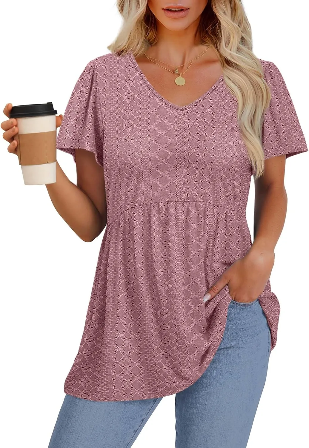 OFEEFAN Womens Summer Tops Babydoll Short Sleeve Shirts Puff Sleeve Peplum Tops V Neck T Shirts