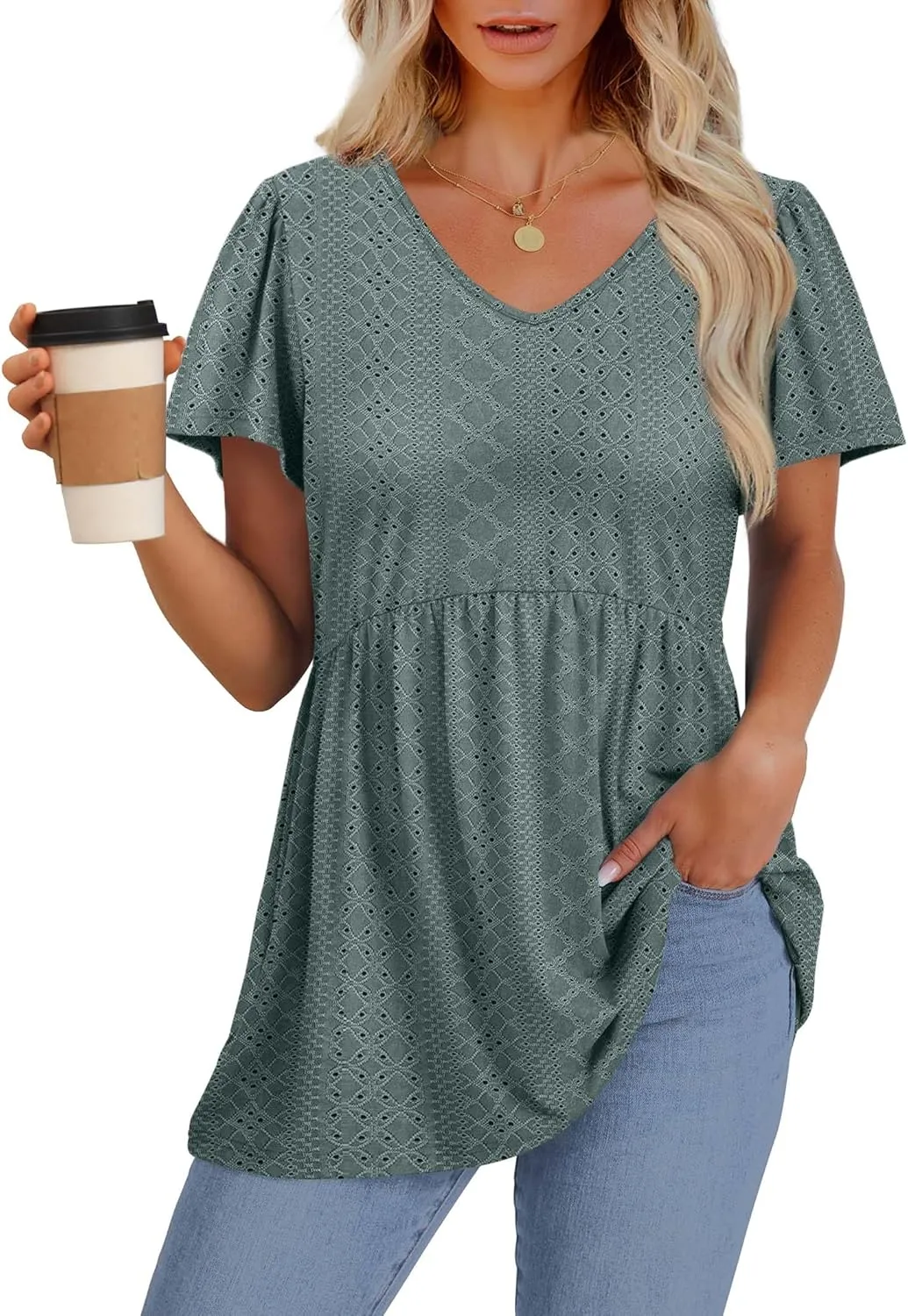 OFEEFAN Womens Summer Tops Babydoll Short Sleeve Shirts Puff Sleeve Peplum Tops V Neck T Shirts