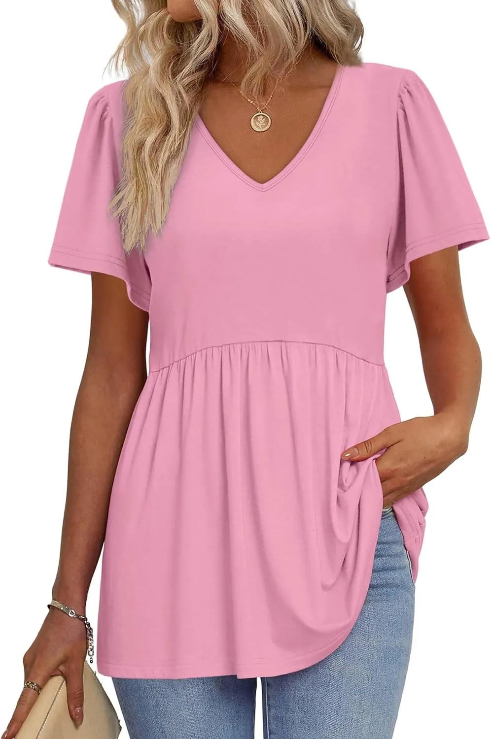 OFEEFAN Womens Summer Tops Babydoll Short Sleeve Shirts Puff Sleeve Peplum Tops V Neck T Shirts