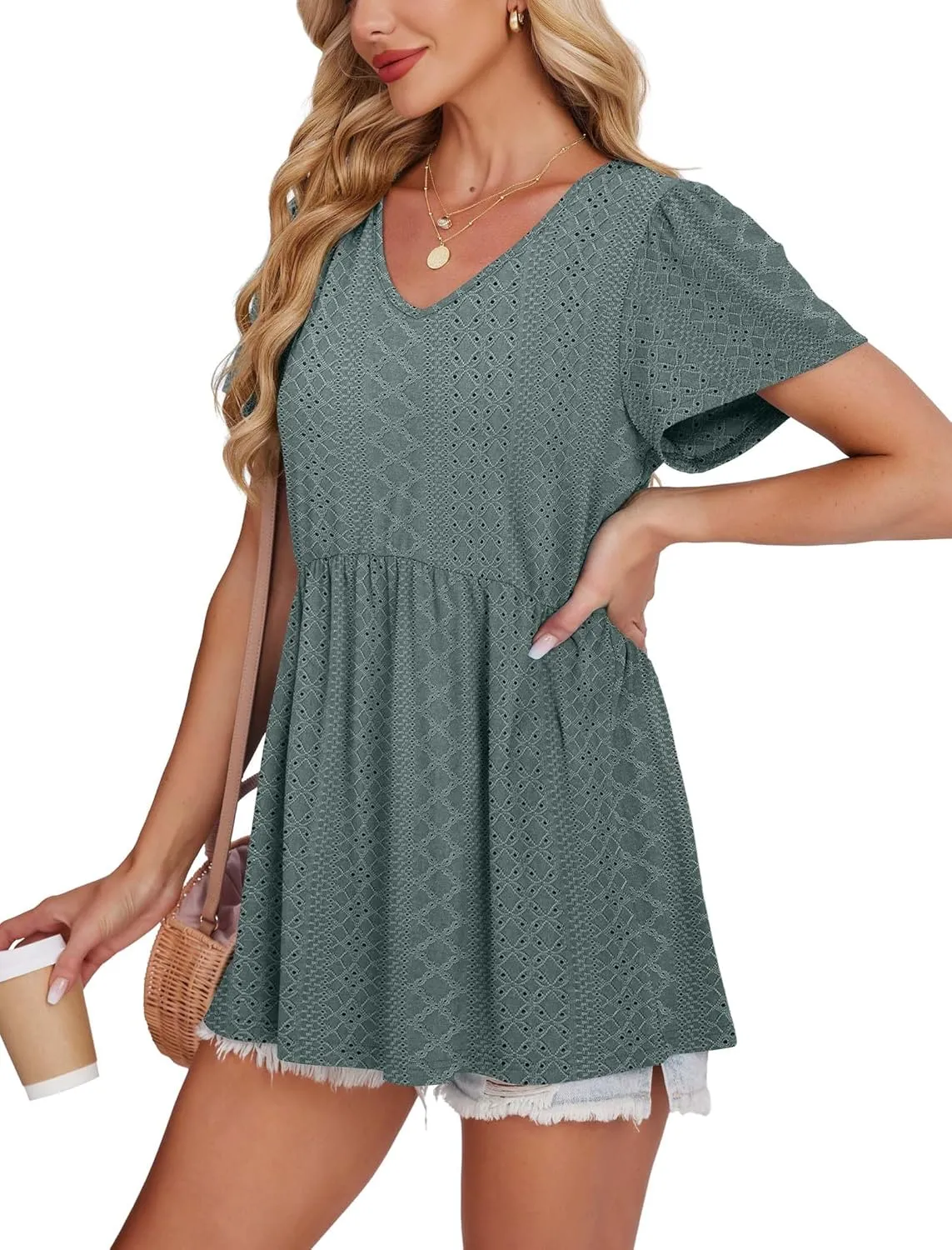 OFEEFAN Womens Summer Tops Babydoll Short Sleeve Shirts Puff Sleeve Peplum Tops V Neck T Shirts