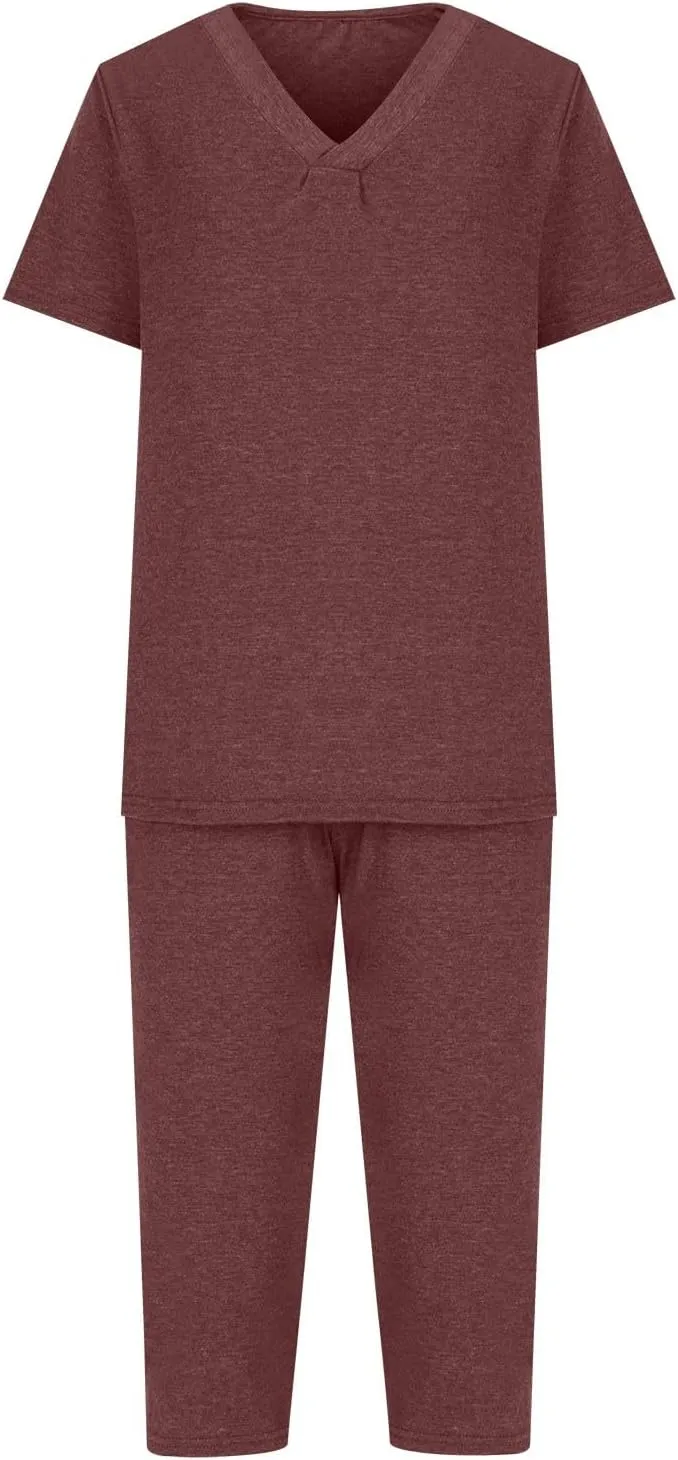 Pajama Sets For Women Casual Summer 2 Piece Capri Pjs Set Short Sleeve V Neck Sleepwear Trendy Clothes Outfits