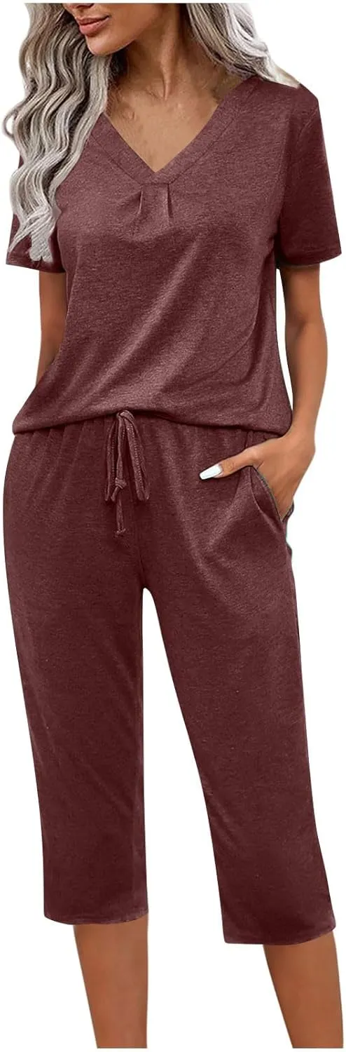Pajama Sets For Women Casual Summer 2 Piece Capri Pjs Set Short Sleeve V Neck Sleepwear Trendy Clothes Outfits