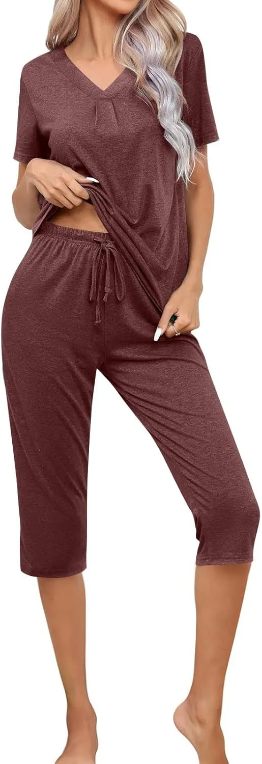 Pajama Sets For Women Casual Summer 2 Piece Capri Pjs Set Short Sleeve V Neck Sleepwear Trendy Clothes Outfits