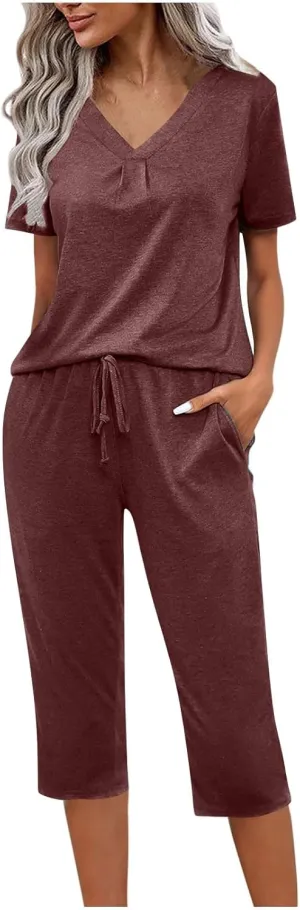 Pajama Sets For Women Casual Summer 2 Piece Capri Pjs Set Short Sleeve V Neck Sleepwear Trendy Clothes Outfits