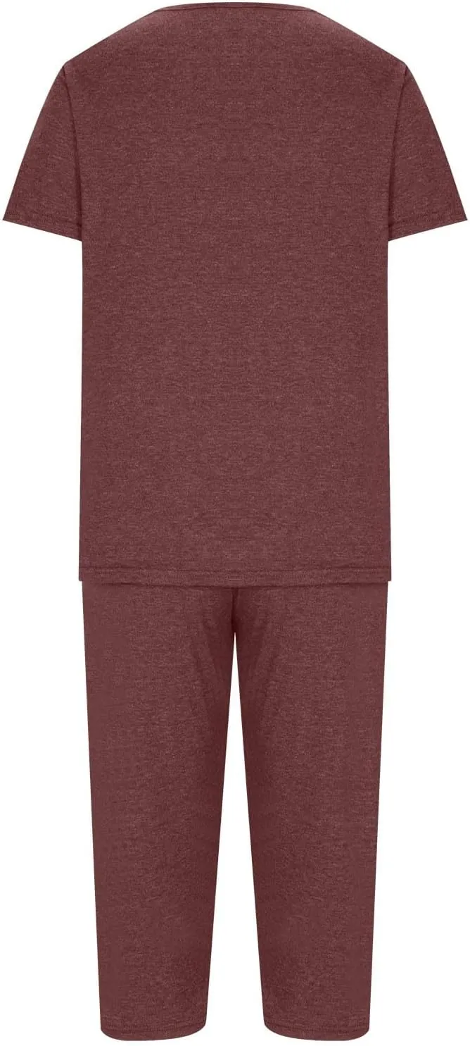 Pajama Sets For Women Casual Summer 2 Piece Capri Pjs Set Short Sleeve V Neck Sleepwear Trendy Clothes Outfits
