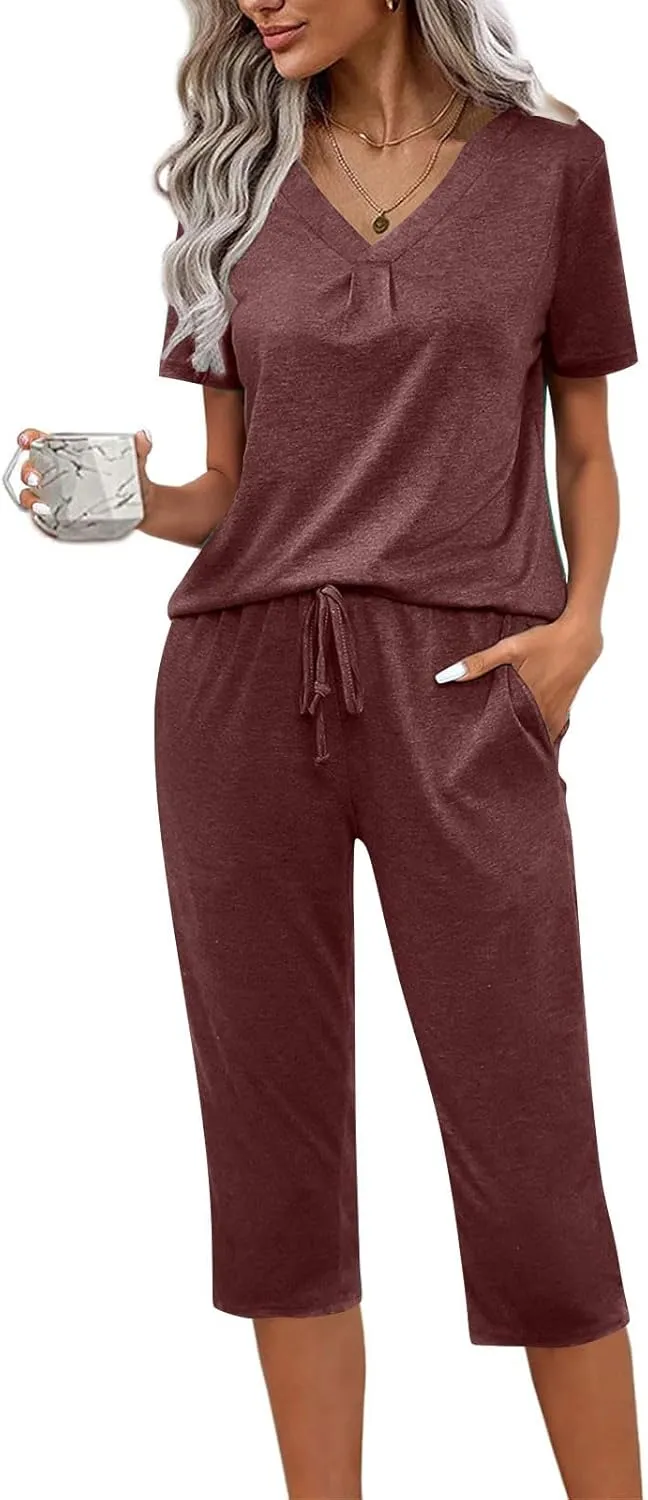 Pajama Sets For Women Casual Summer 2 Piece Capri Pjs Set Short Sleeve V Neck Sleepwear Trendy Clothes Outfits