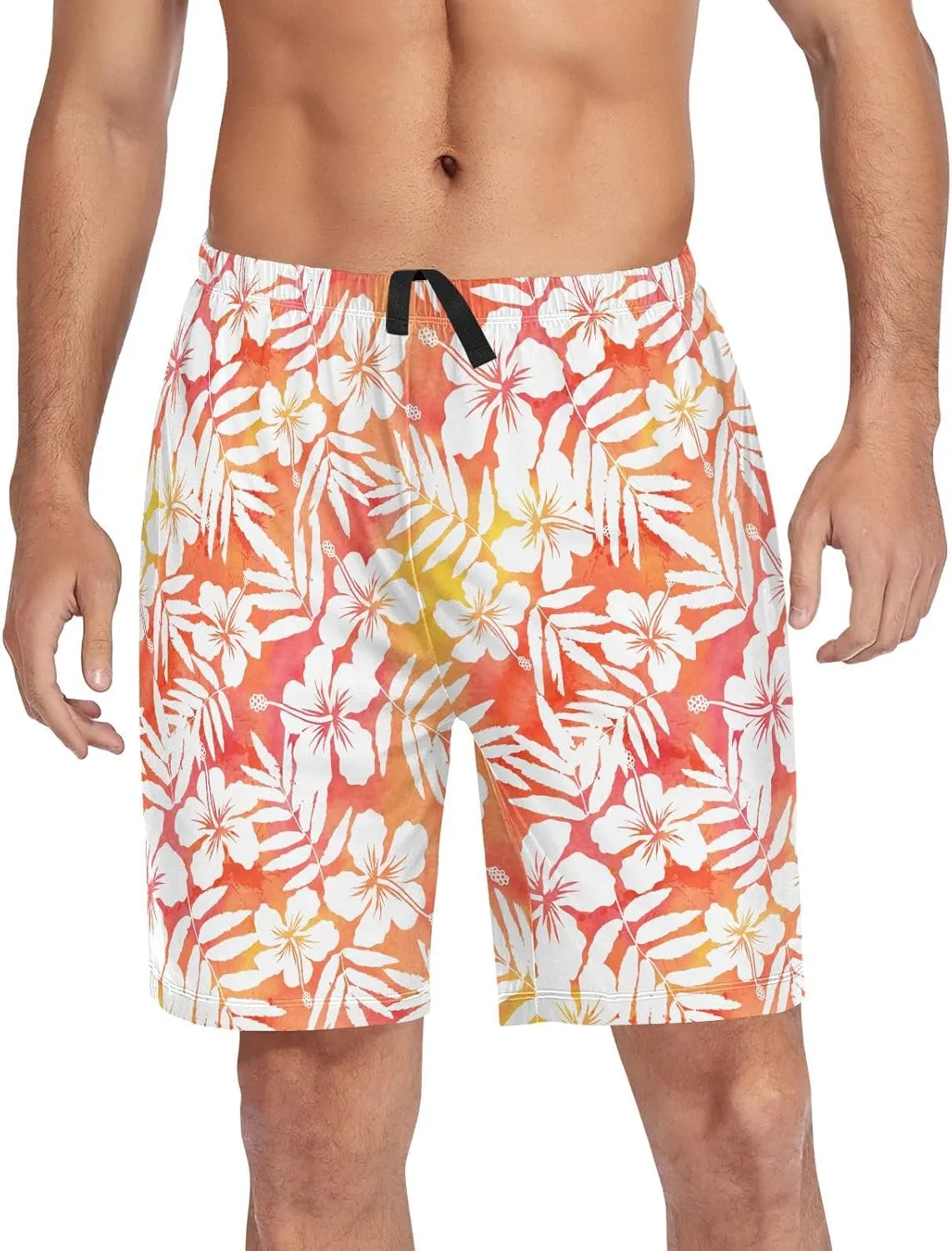 Pajama Shorts for Men Hibiscus Flower Palm Leaf Summer Pajama Pants with Pocket Pjs Bottoms Sleep Shorts Lounge Wear