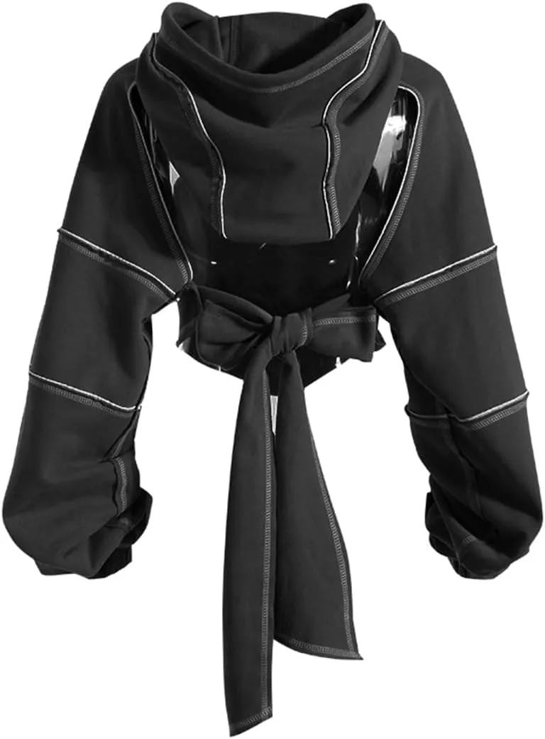 Pooyikoi Crop Hip Hop Hoodies Women Pullover Spring Autumn Cutout Backless Bandage Short Hooded Sweatshirt Tracksuit