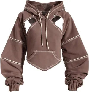 Pooyikoi Crop Hip Hop Hoodies Women Pullover Spring Autumn Cutout Backless Bandage Short Hooded Sweatshirt Tracksuit
