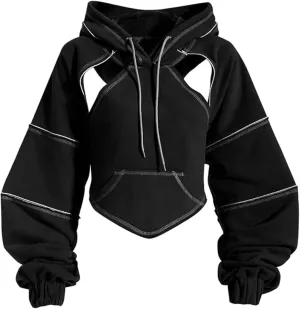 Pooyikoi Crop Hip Hop Hoodies Women Pullover Spring Autumn Cutout Backless Bandage Short Hooded Sweatshirt Tracksuit