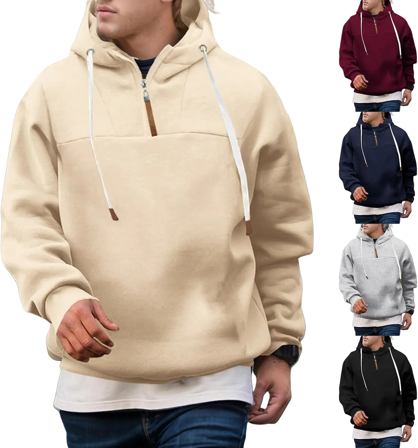 Quarter Zip Hoodies for Men Basic Hooded Sweatshirt Drawstring Casual Long Sleeve Pullover Shirts Workout Tops Unisex