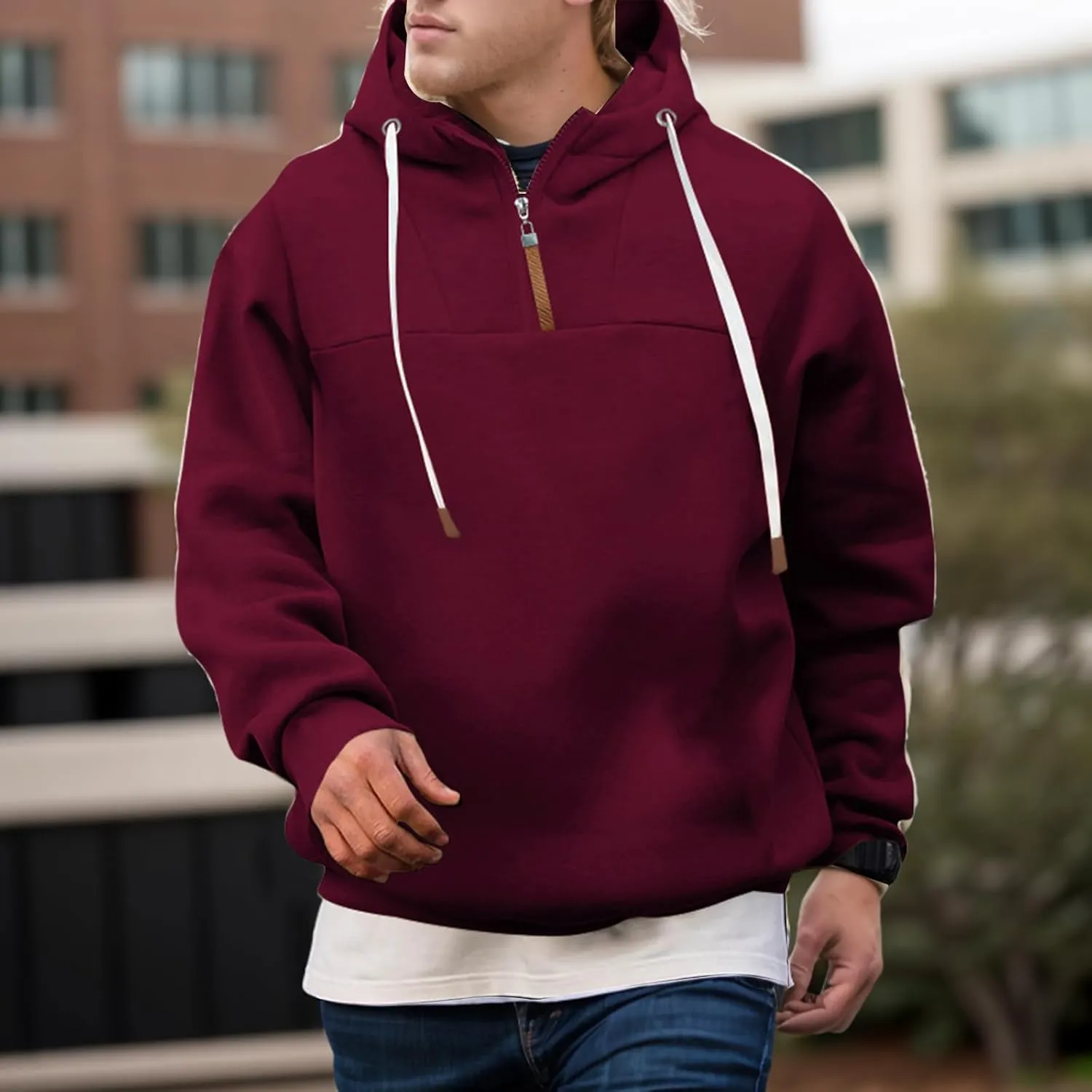 Quarter Zip Hoodies for Men Basic Hooded Sweatshirt Drawstring Casual Long Sleeve Pullover Shirts Workout Tops Unisex