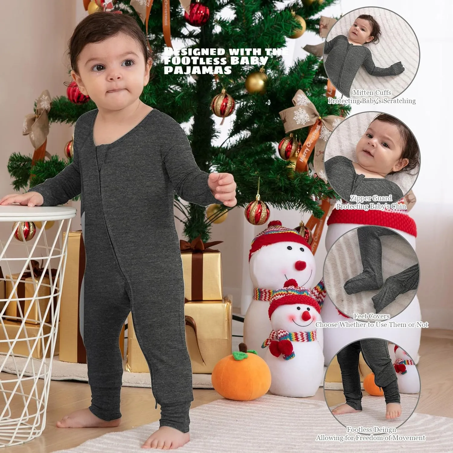 Rayon of Bamboo Baby Rompers Long Sleeve Two Way Zipper Pajamas With Footed Or Footless And Mitten Cuffs Convertible.