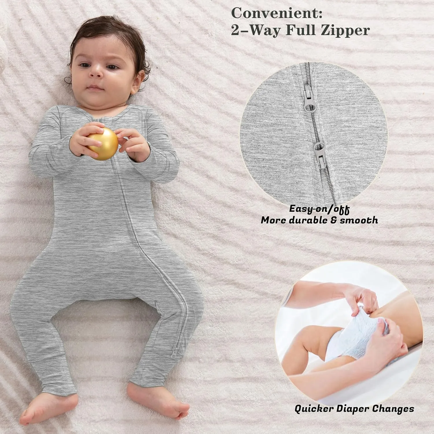 Rayon of Bamboo Baby Rompers Long Sleeve Two Way Zipper Pajamas With Footed Or Footless And Mitten Cuffs Convertible.