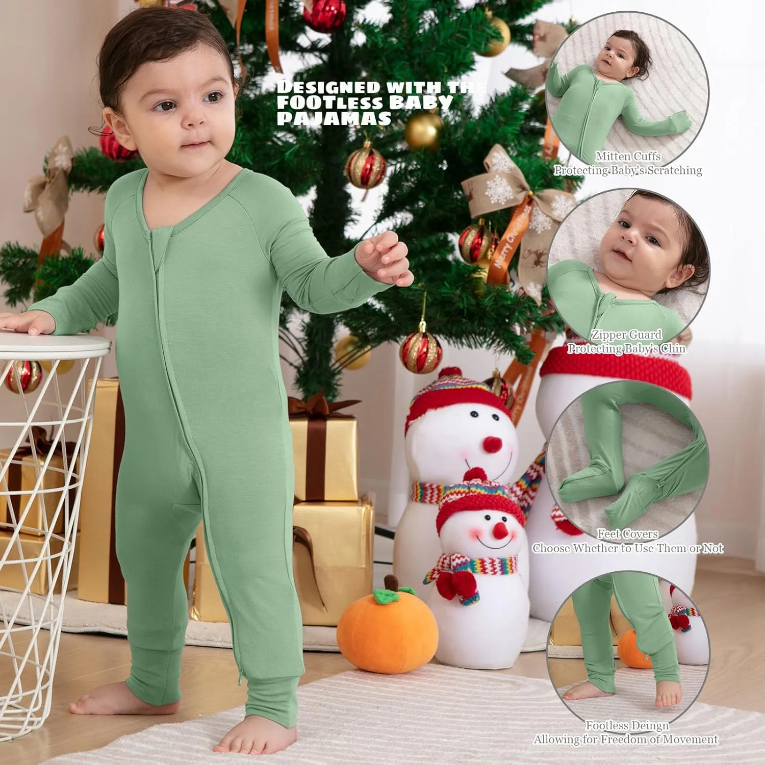 Rayon of Bamboo Baby Rompers Long Sleeve Two Way Zipper Pajamas With Footed Or Footless And Mitten Cuffs Convertible.