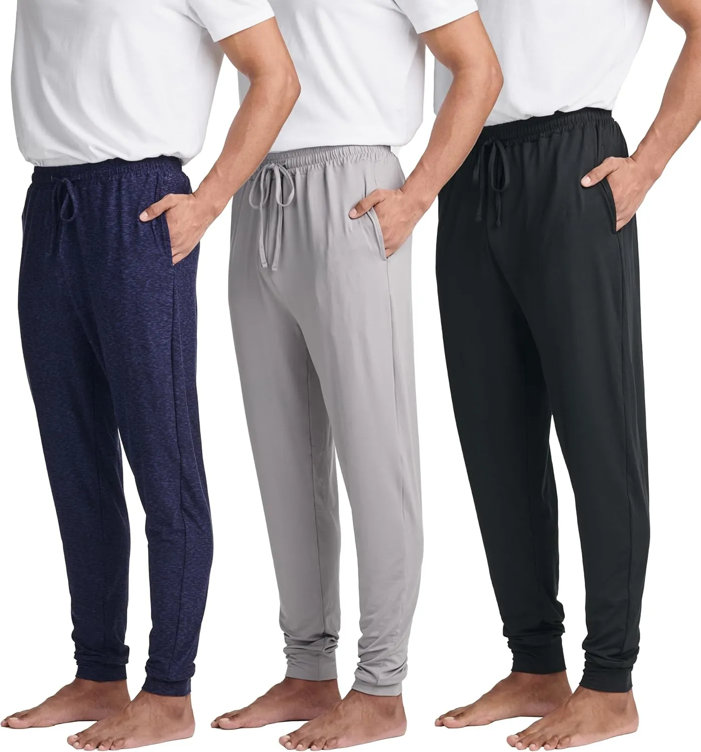 Real Essentials 3 Pack: Men's Soft Lounge Sleep Joggers - Pajama Pants Drawstring & Pockets (Available in Big & Tall)