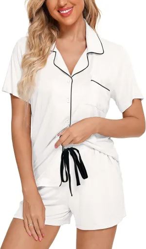 Samring Womens Pajamas Set Short Sleeve Sleepwear Button Down Nightwear Shorts Soft Pj Sets S-XXL