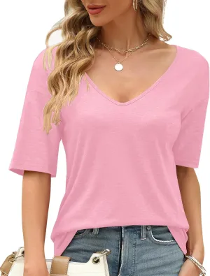 Sherosa Womens T Shirts V-Neck Half Sleeve Loose Fit Shirts Casual Solid Basic Tops