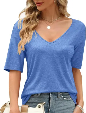 Sherosa Womens T Shirts V-Neck Half Sleeve Loose Fit Shirts Casual Solid Basic Tops