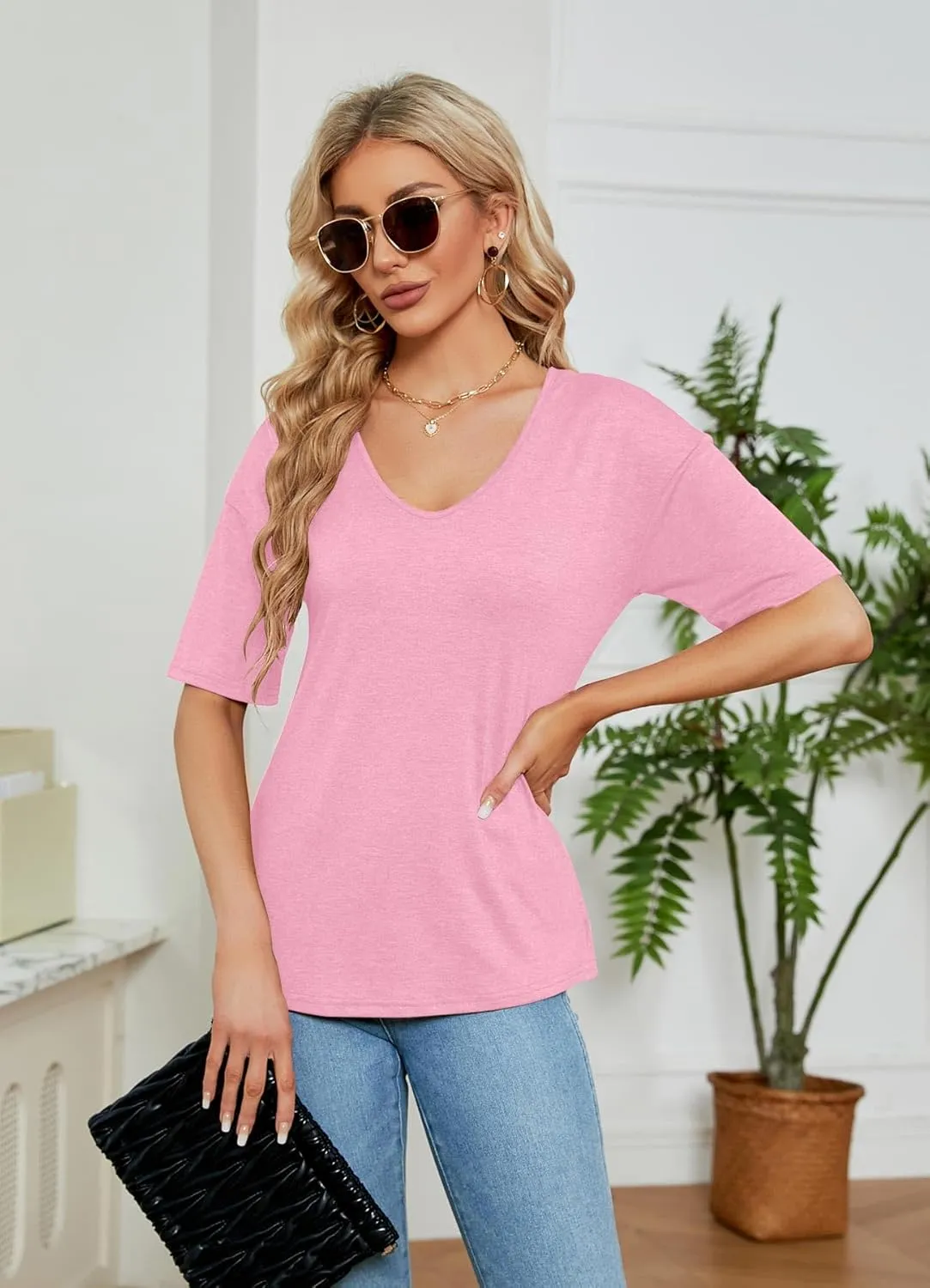 Sherosa Womens T Shirts V-Neck Half Sleeve Loose Fit Shirts Casual Solid Basic Tops