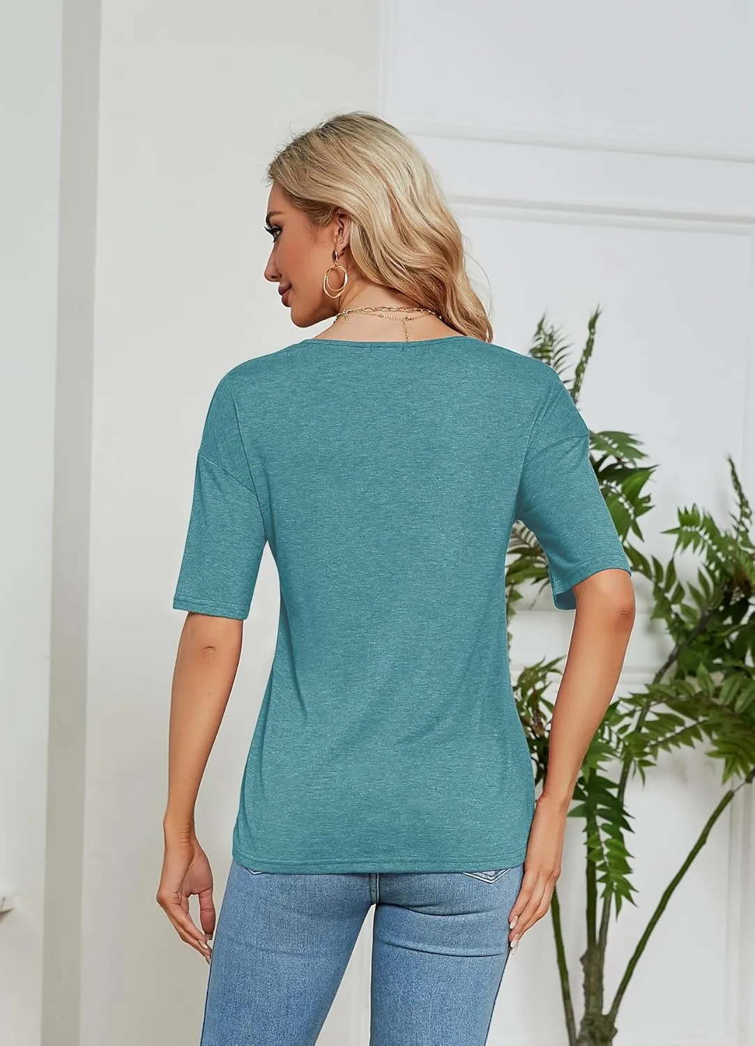 Sherosa Womens T Shirts V-Neck Half Sleeve Loose Fit Shirts Casual Solid Basic Tops