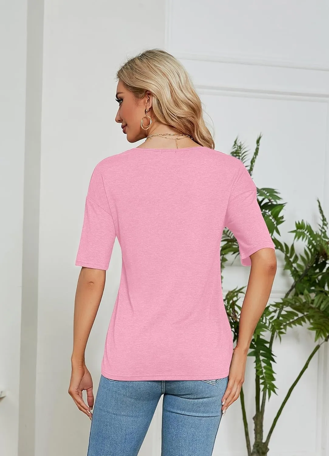 Sherosa Womens T Shirts V-Neck Half Sleeve Loose Fit Shirts Casual Solid Basic Tops