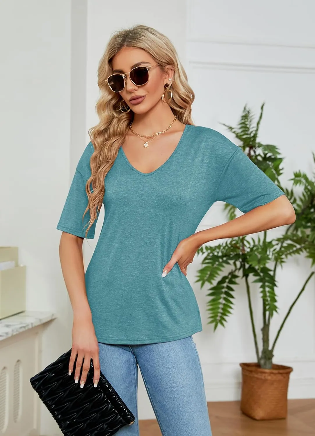 Sherosa Womens T Shirts V-Neck Half Sleeve Loose Fit Shirts Casual Solid Basic Tops
