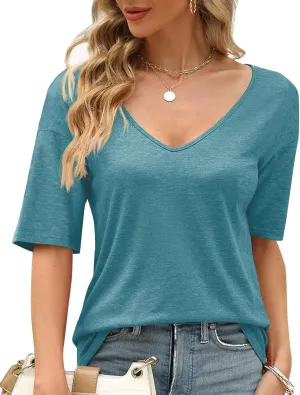 Sherosa Womens T Shirts V-Neck Half Sleeve Loose Fit Shirts Casual Solid Basic Tops