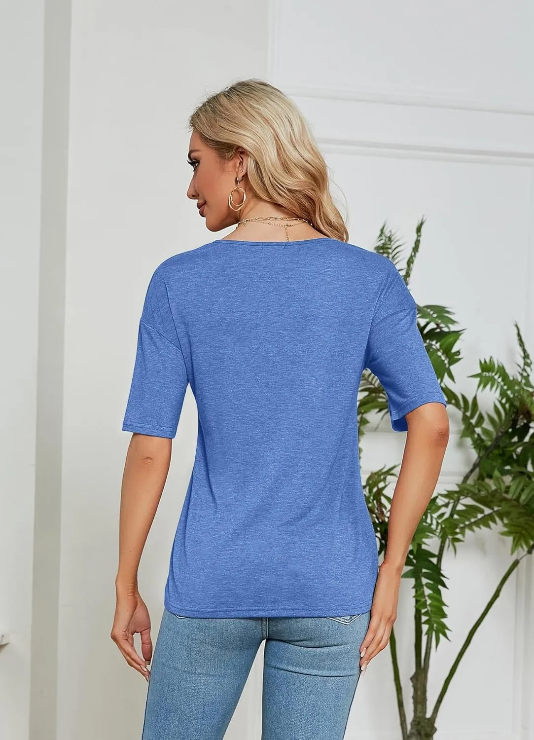 Sherosa Womens T Shirts V-Neck Half Sleeve Loose Fit Shirts Casual Solid Basic Tops