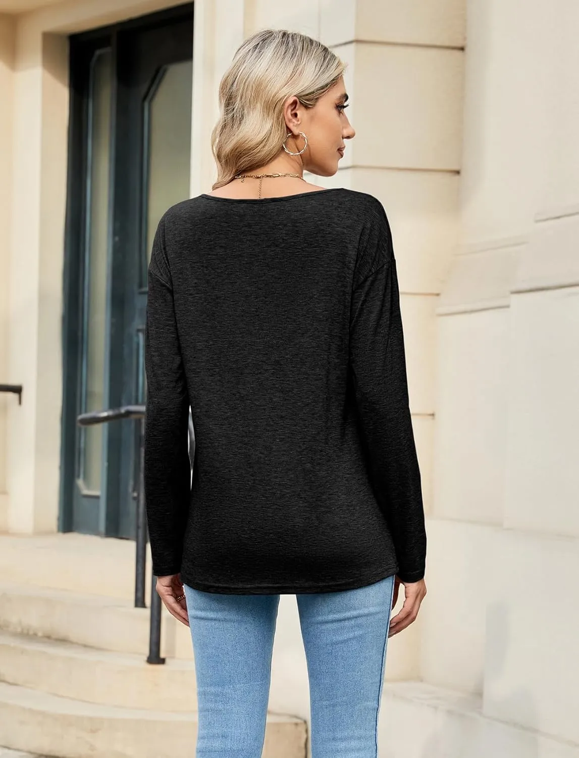 Sherosa Womens T Shirts V-Neck Long Sleeve Loose Fit Shirts Casual Solid Basic Tops
