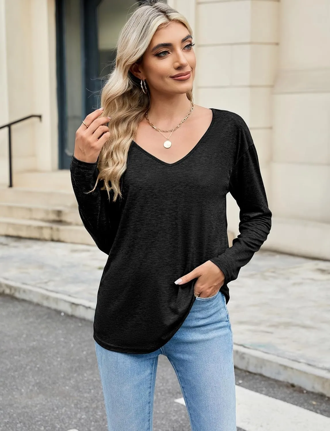 Sherosa Womens T Shirts V-Neck Long Sleeve Loose Fit Shirts Casual Solid Basic Tops
