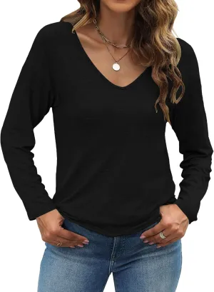 Sherosa Womens T Shirts V-Neck Long Sleeve Loose Fit Shirts Casual Solid Basic Tops
