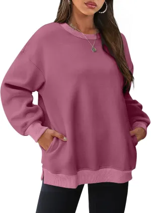 SHOPESSA Oversized Sweatshirt for Women Fall Outfits Crewneck Pullover with Pockets Sweatshirt with Slit Sides