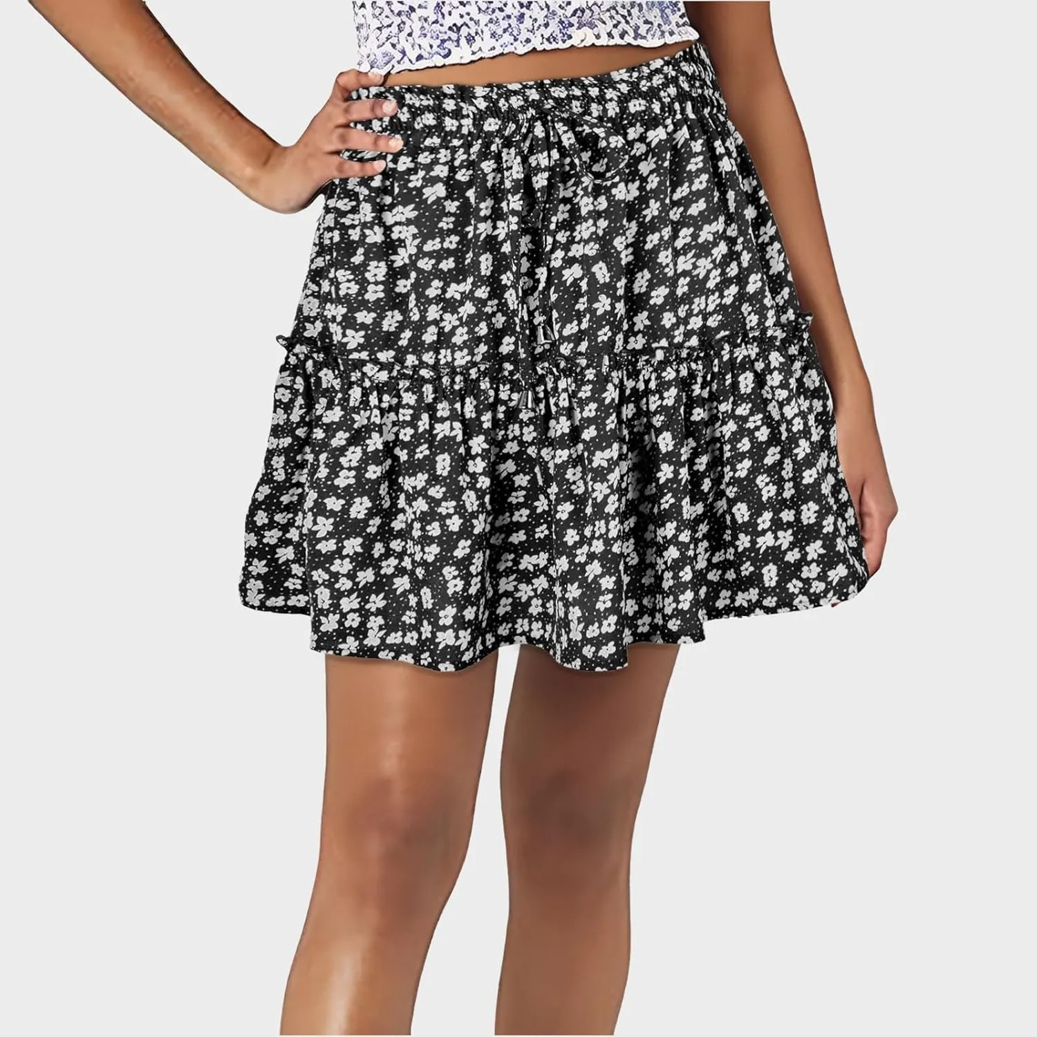 Skirts for Women Drawstring Elastic Waist Ruffle Skirt Tie Front Boho Floral Print Layered Flowy Mini Short Skirt