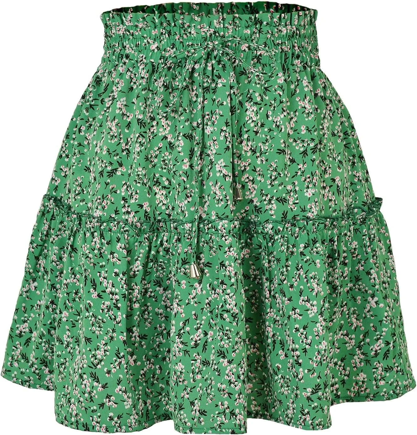 Skirts for Women Drawstring Elastic Waist Ruffle Skirt Tie Front Boho Floral Print Layered Flowy Mini Short Skirt