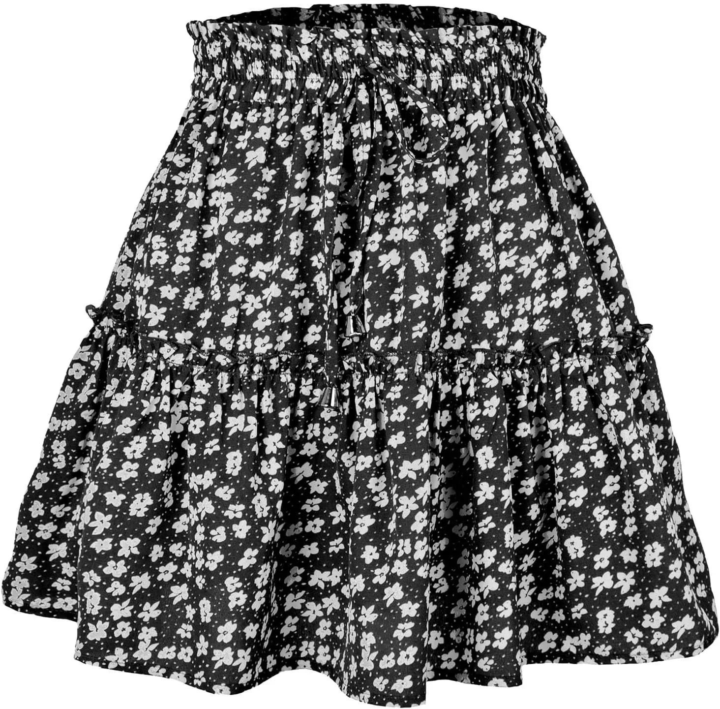 Skirts for Women Drawstring Elastic Waist Ruffle Skirt Tie Front Boho Floral Print Layered Flowy Mini Short Skirt